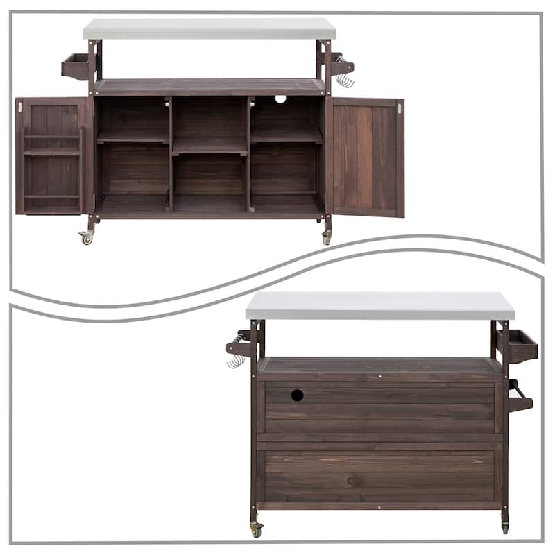 Vintage Stylish Wooden Kitchen Island with Stainless Steel Top, Indoor/Outdoor Use