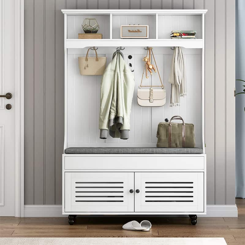 47"W Entryway Hall Tree with Bench & Flip Cabinet & Hanging Hook - 47.2''W x 17.5'' D x 69.1'' H - White