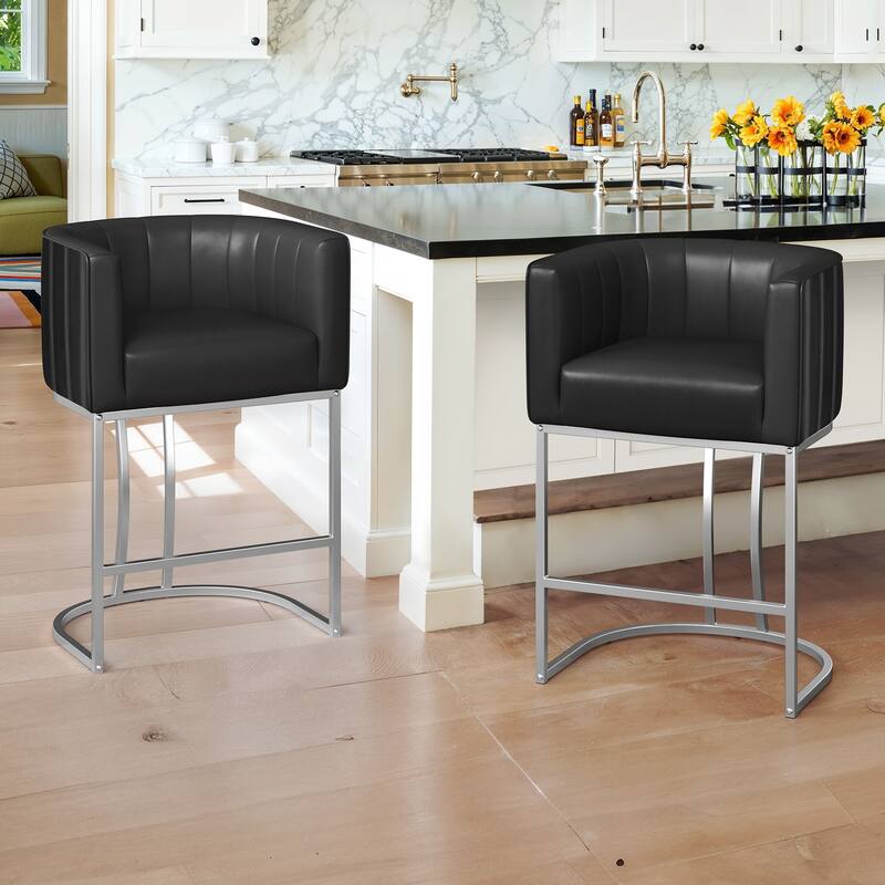LUE BONA Modern 26.in Low Back Counter Height Barstools Upholstered/PU Leather Barrel Set of 2 Bar Stools with Metal Frame - Black&Silvery/Faux Leather