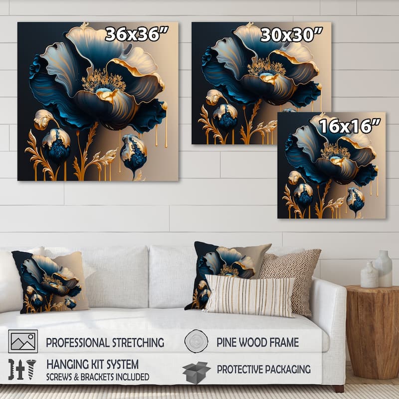 Designart 'Deep Blue And Gold Single Flower V' Floral & Botanical Canvas Wall Art
