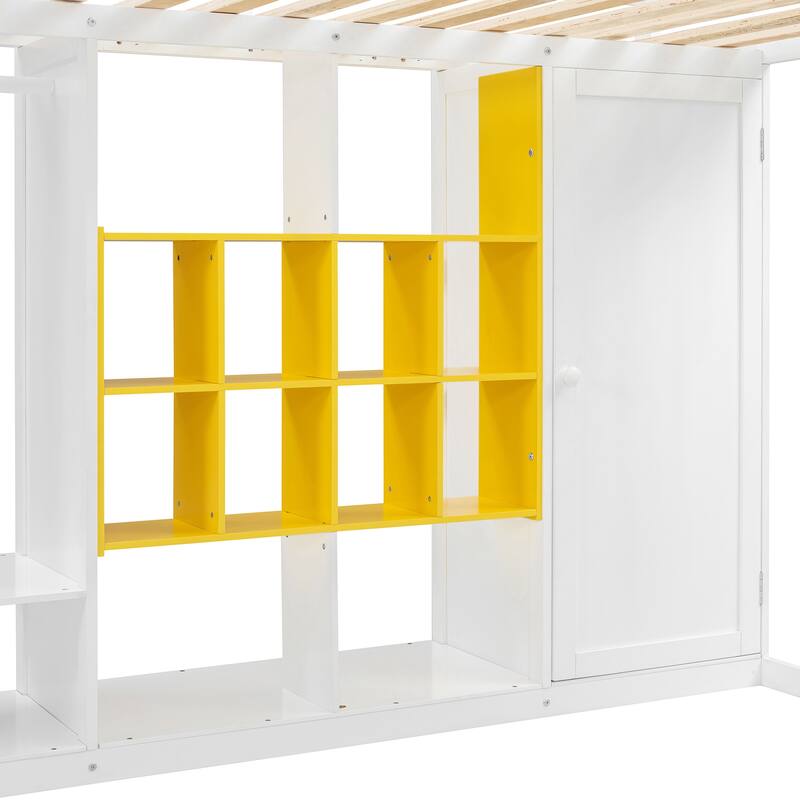 Twin/Full Size Versatile Loft Bed with Wardrobe, Storage Bed Frame with Multi-Shelves and Clothes Hanging Rod