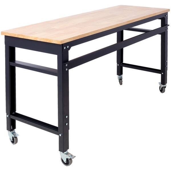 Rolling Workbench With Adjustable Height And Rubber Wood Top For Garage ...