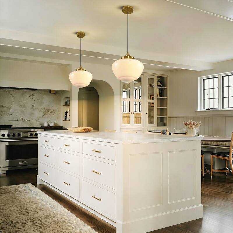 1-Light Mid-Century Modern Brass/Black Frosted Glass Globe Dome Pendant Light