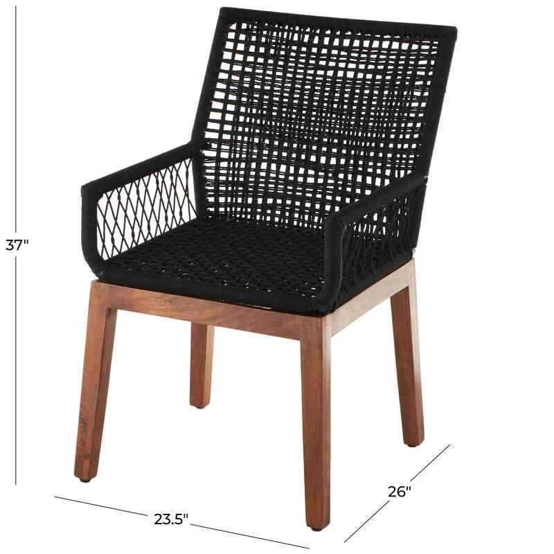 Black Jute Rope Handmade Woven Living Room Accent Chair with Brown Wooden Legs