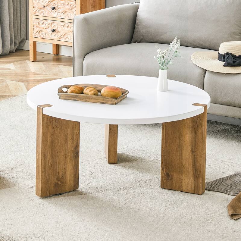 Minimalist Circular MDF Coffee Table with Stable Structure and Embedded Design - White and Wood - Wood