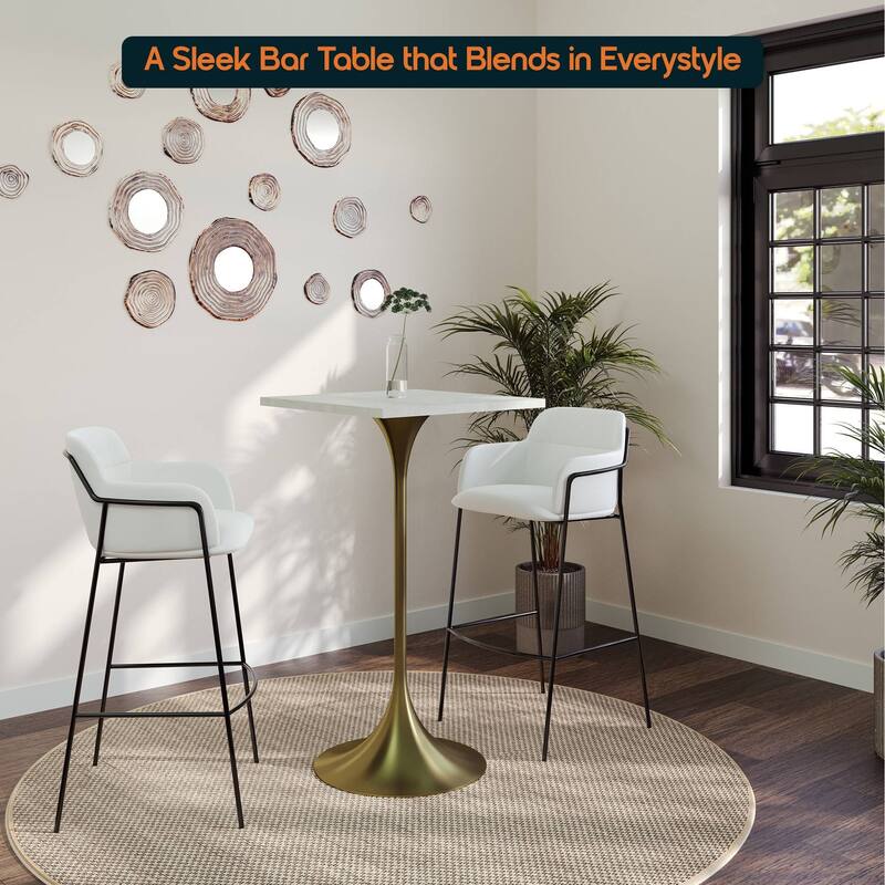 Verve 43 in. Tall Bar Height Dining Table Square MDF Wood Tabletop in Gold Stainless Steel Pedestal Base Accent Bar Table