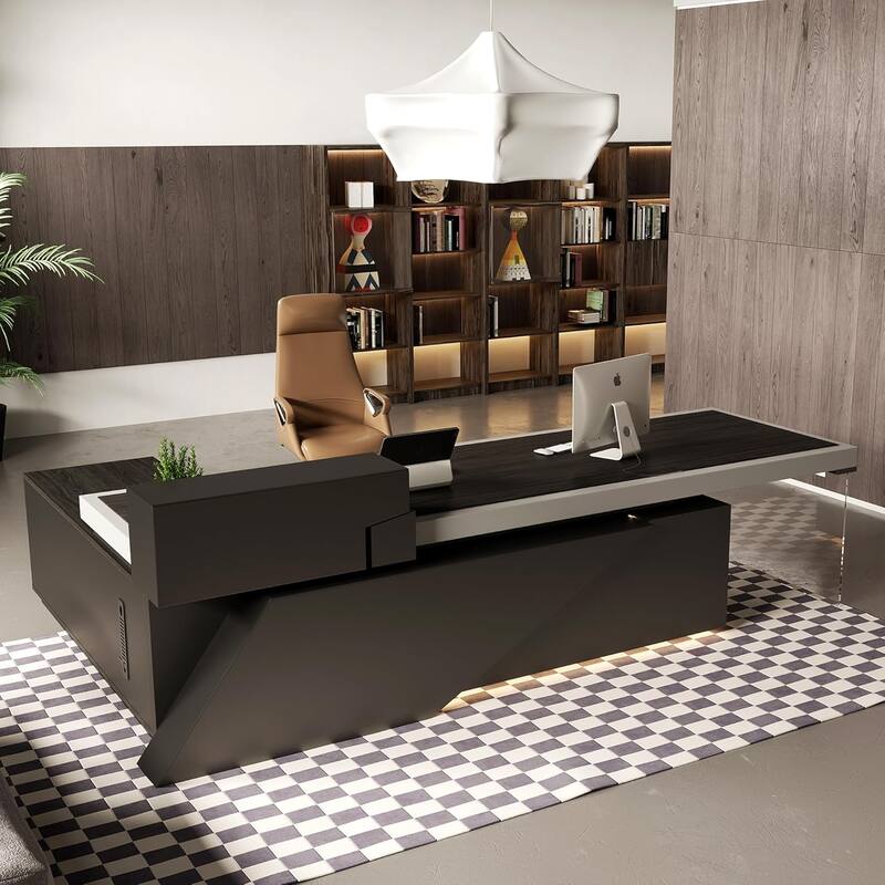 Black L Shaped Office Industrial Executive Desk with Cable Box Socket and LED Light - 86" - Black Right Return