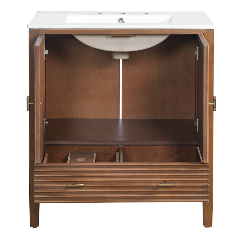Christopher Knight Home - Mid-Century Freestanding Bathroom Vanity with Ceramic Sink, Flip-Up & Dual Drawers