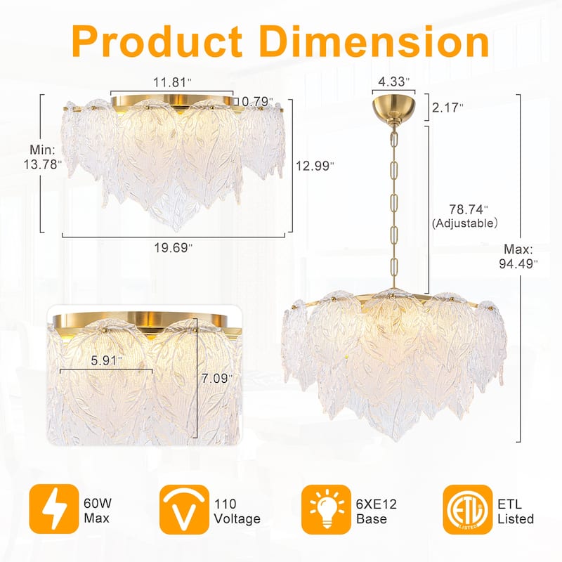 Luxury Gold Chandelier with Double-Tier Clear Glass Leaves