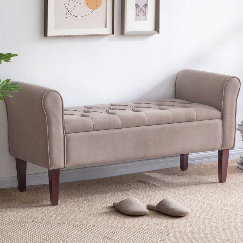 Arm Fabric Storage Ottoman Bench with Solid Wood Legs, 48"W x 18"D x 23"H