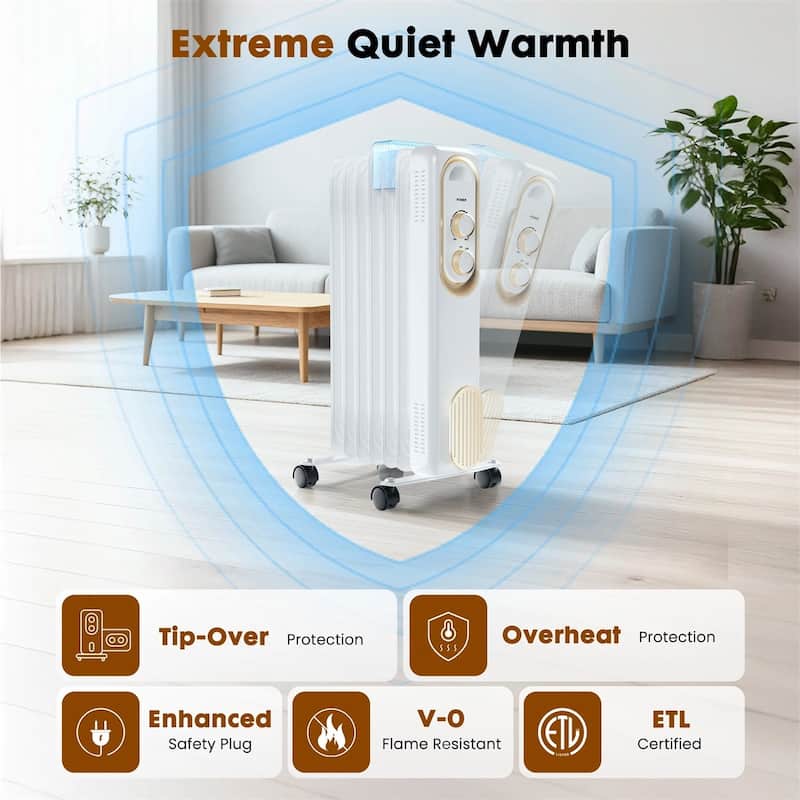 Oil Space Heater, Portable Radiator Heater with 3 Heat Settings, 1500W Thermostat, Tip-Over Protection
