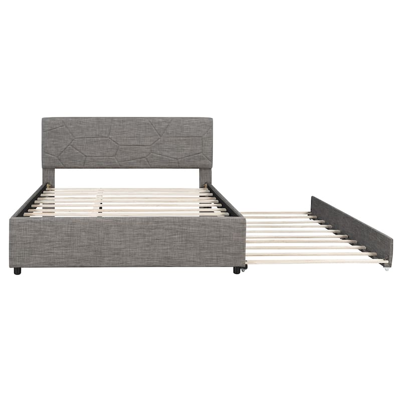 Roomfitters Queen Size Upholstered Platform Bed Frame with Twin XL Trundle and Geometric Patterned Headboard
