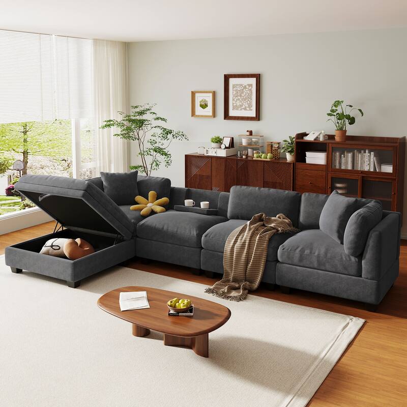 Modular L Shaped Sofa 127.6" Upholstered Sectional Couch with Removable Storage Ottoman 2 Hidden Cup Holders