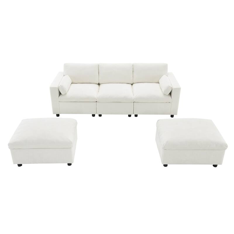 U-Shaped Sectional Sofa with Removable Ottomans, Convertible Sleeper Bed with Storage Pockets, Chenille Upholstered Cloud Couch