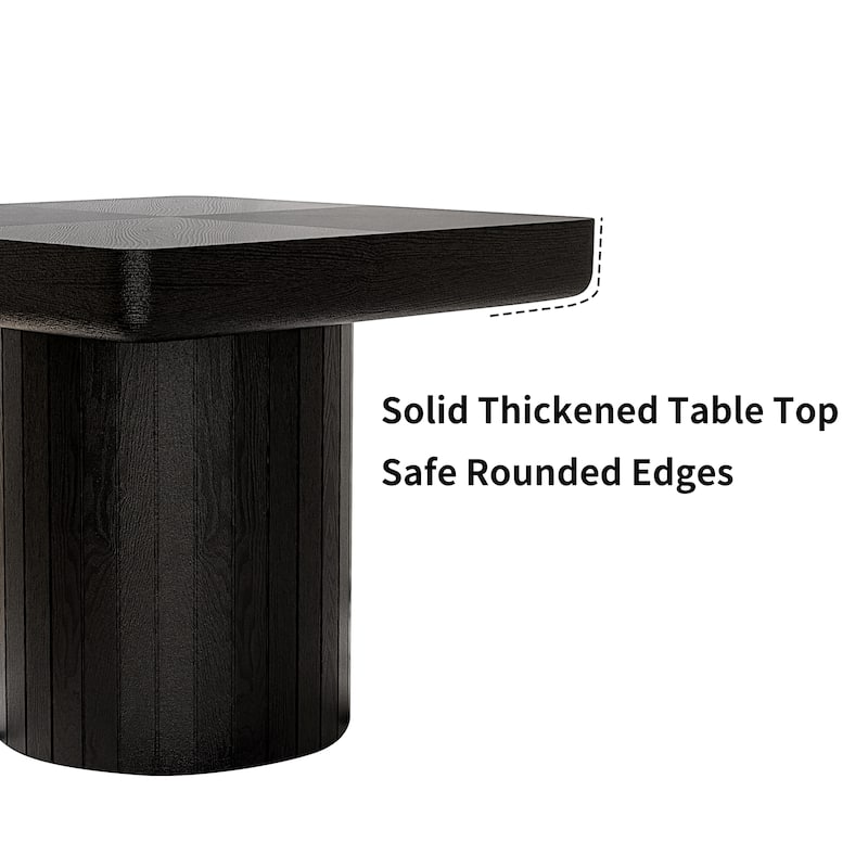 23.6"Modern Solid Wood Veneer End Table, Square Side Table with Parquet Pattern, Grooved Cylindrical Base & Thickened Tabletop
