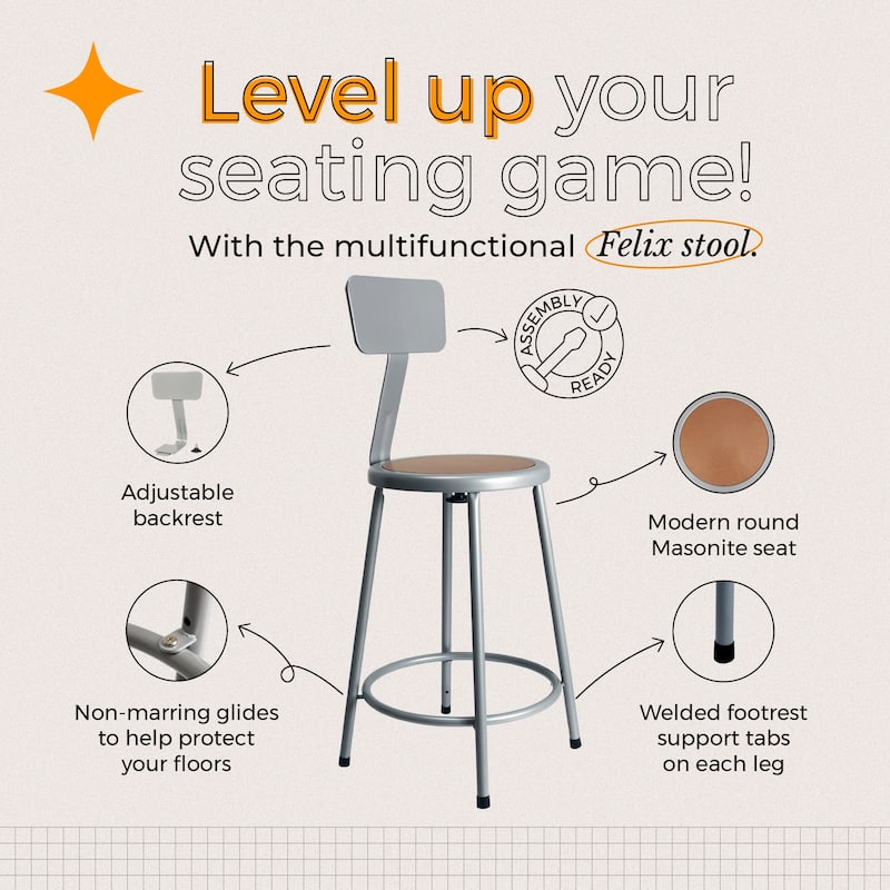 Hampden Furnishings Felix Collection Steel Stool with Backrest, AssemblyReady