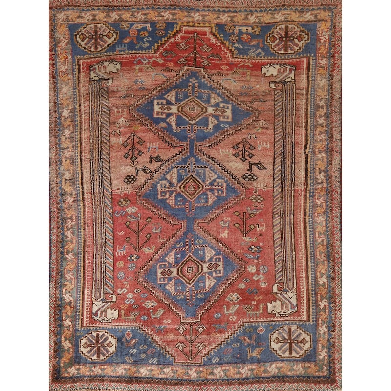 Vegetable Dye Pink Shiraz Persian Antique Rug Hand-knotted Wool Carpet - 4'5"x 6'4"