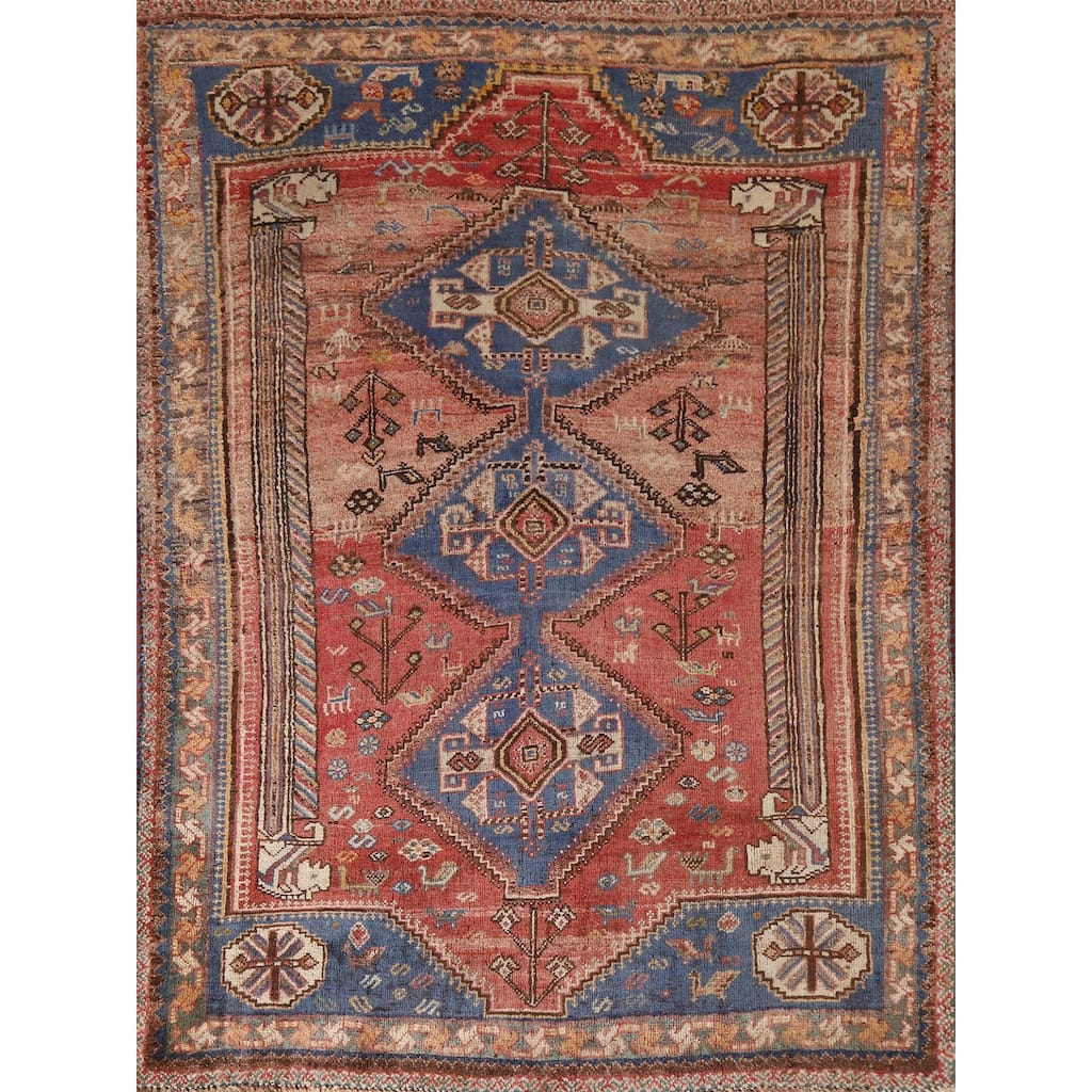 Vegetable Dye Pink Shiraz Persian Antique Rug Hand-knotted Wool Carpet - 4'5"x 6'4"