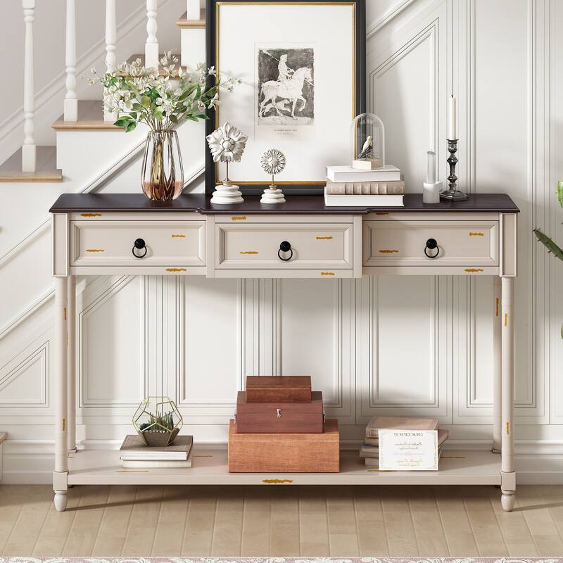 Rustic Chic Console Table with Projecting Drawers and Bottom Shelf