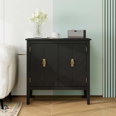 Roomfitters 2 Door Wooden Cabinet, Chevron Storage Sideboard with Vintage Brass Handles, Black