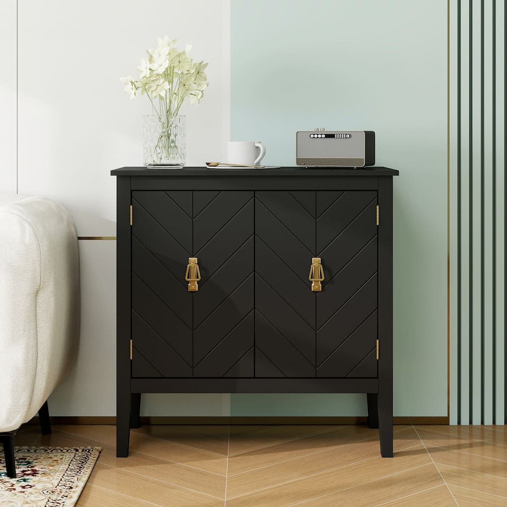Roomfitters 2 Door Wooden Cabinet, Chevron Storage Sideboard with Vintage Brass Handles, Black