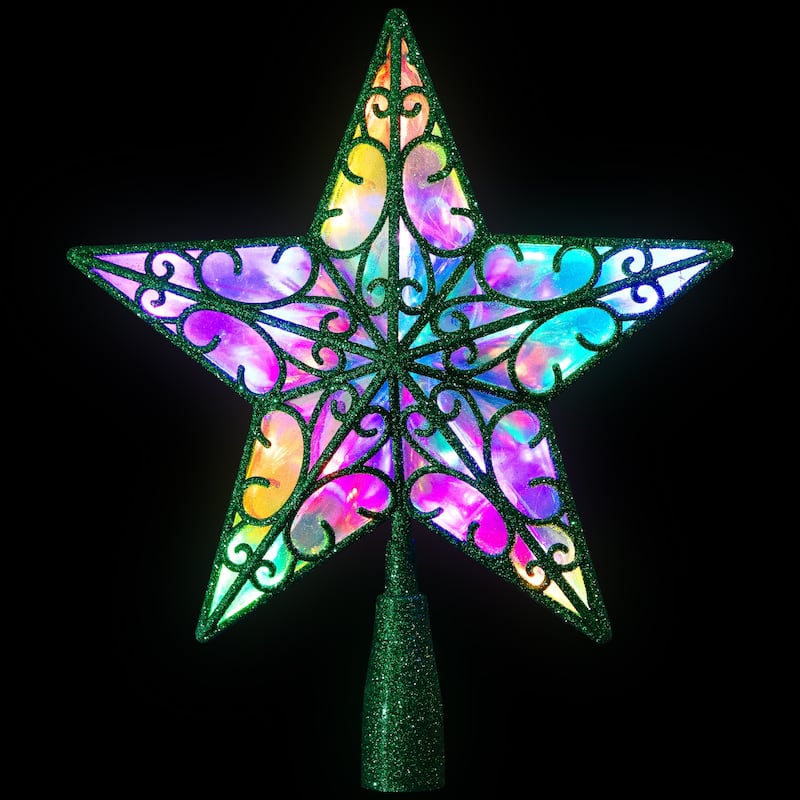 LED Lighted Glittered Star Christmas Tree Topper - 11" - Green - Multicolor Lights
