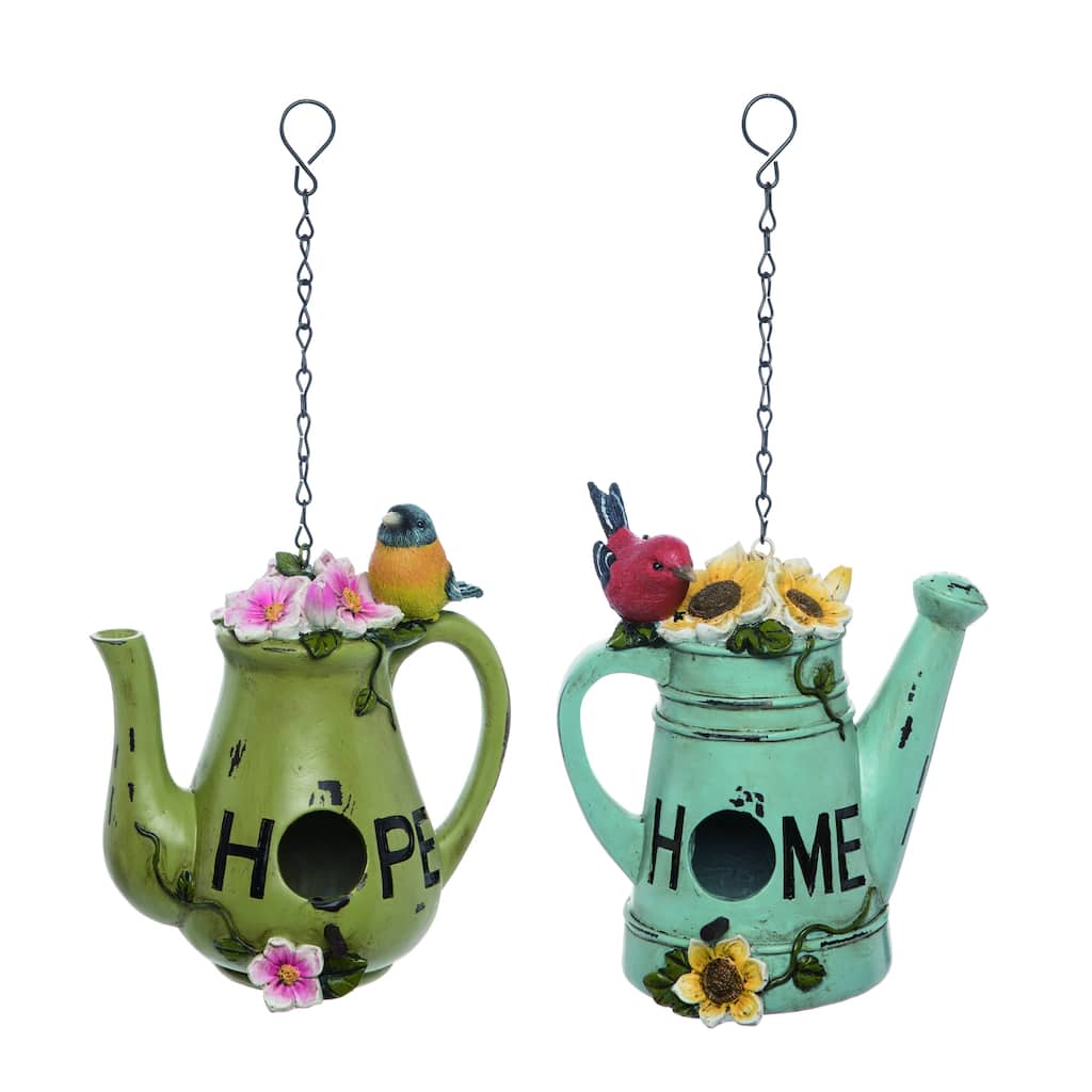 Transpac Resin Bird & Flower Home and Welcome Watering Can Feeder Set of 2, Home and Garden Decorations