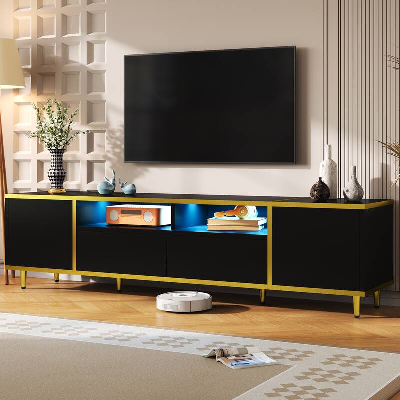 Modern LED TV Stand Storage Cabinet with 2 Drawers & 2 Shelves, Entertainment Center Console for TVs up to 80"