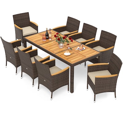 Gymax 9 Pieces Patio PE Wicker Dining Set Outdoor Acacia Wood Table &