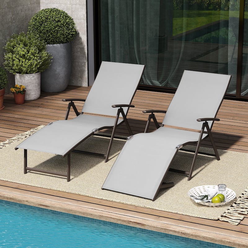 Pellebant 2PCS Adjustable Aluminum Patio Chaise Lounge Chair - Light Grey