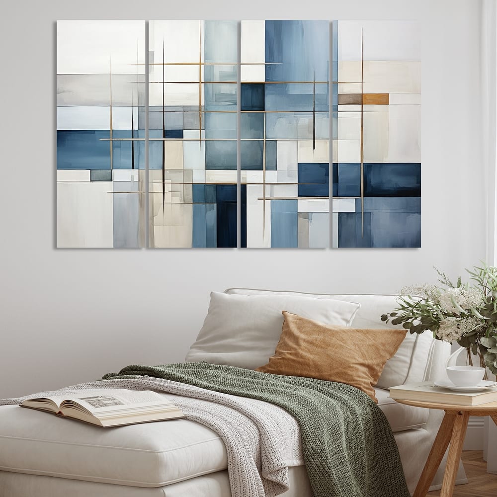 Designart "Blue Grey Line Art Abstract Geometrics I" Modern Multipanel Canvas Art Print set