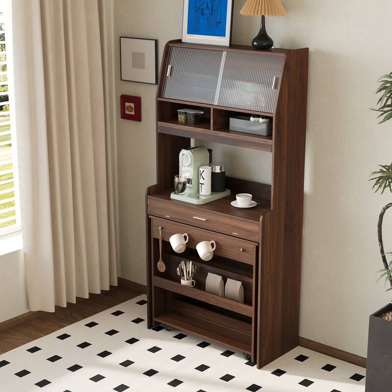 Multifunctional Cupboard Buffet with Storage Shelf,Side Hooks,Hutch and Foldable Dining Table