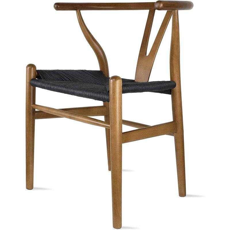 Farmhouse Dining Chairs Organic Round Arms Y-back Wood with Woven Black Seats For Kitchen Hotel Restaurants (Set of 2)