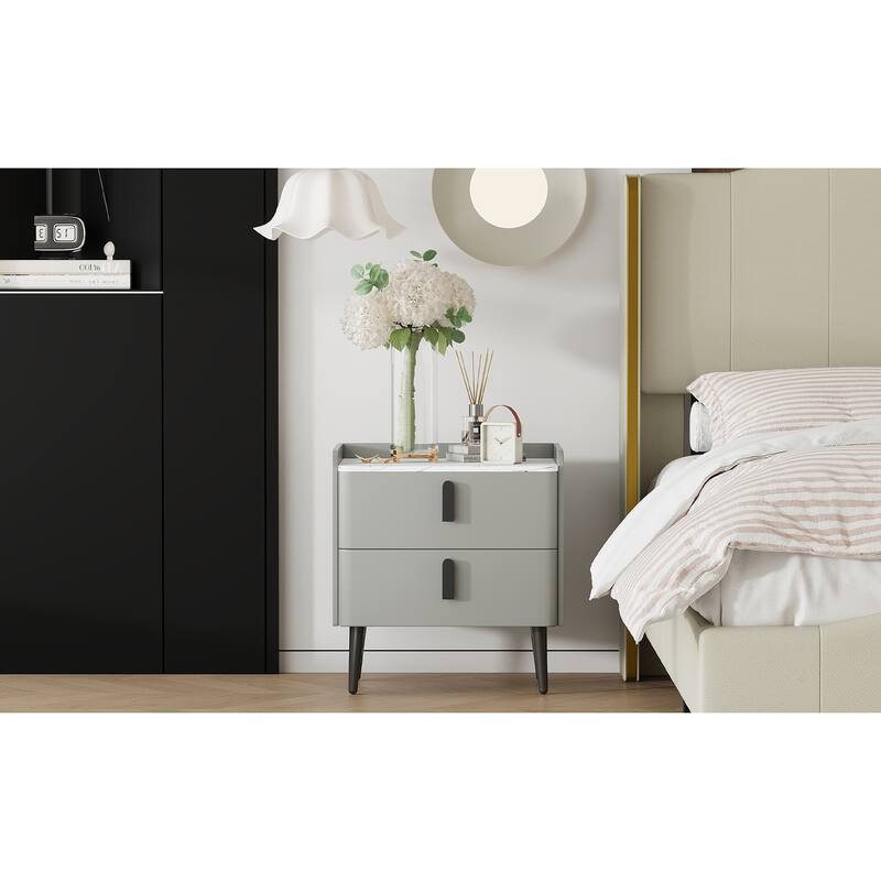 Modern 2-Drawer Nightstand with Marble-Pattern Top - Bedside/End Table for Bedroom/Living Room (Gray)