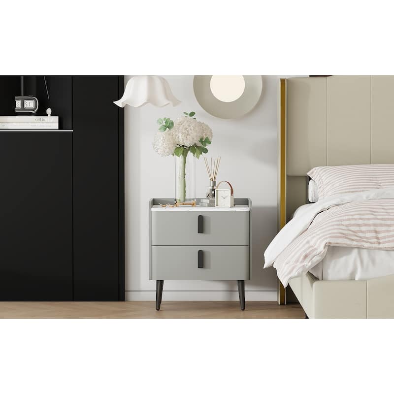 Nightstand with 2 Drawers & Support Legs, Coffee Table with Marble Pattern Tabletop, Large Capacity Sofa Side Table