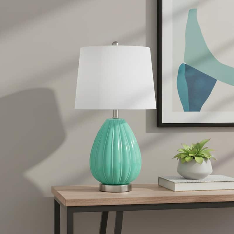 HomeRoots 23" Sea Green And Silver Geometric Lines Table Lamp With White Drum Shade - 13.00 in. x 23.25 in. x 13.00 in. - Sea Green/Silver/White - 13.00 in. x 23.25 in.  x 13.00 in.