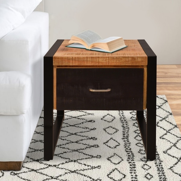 24 Inch Single Drawer Wooden Side Table with Metal Frame Brown