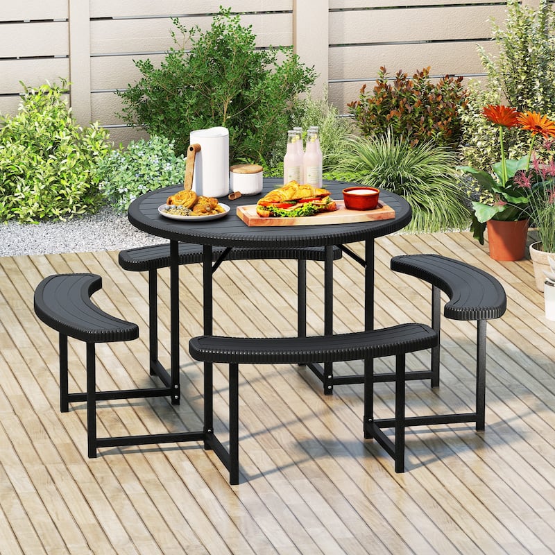 HDPE Round Picnic Table Set with 4 Benches and Umbrella Hole Perfect for Patio or Balcony