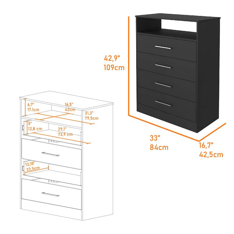 FM Furniture Athens Dresser with 4 Drawers, Open Shelf, and Top Surface for TVs up to 47"