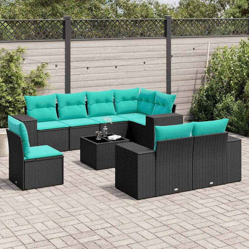 vidaXL 8/9 Piece Patio Sofa Set with Cushions Black/Brown/Gray Poly Rattan - 24.4 x 24.4 x 27.2 - Black and blue With table