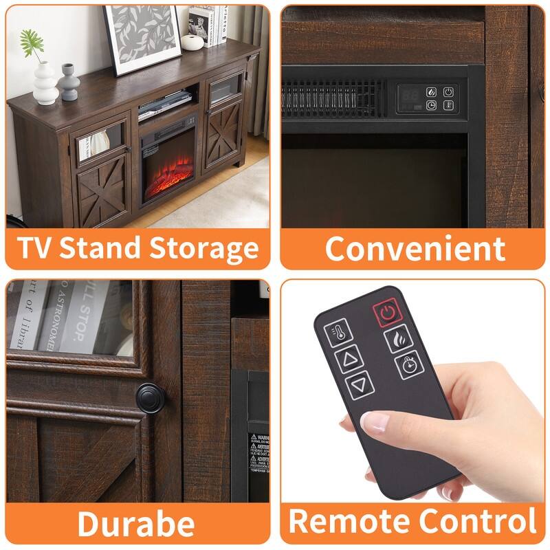 58-60" Fireplace TV Stand for 55-65" TVs w/ 18-23" Insert Farmhouse/Modern/Rustic Barn/Glass Doors Espresso/Grey/Brown/White Oak