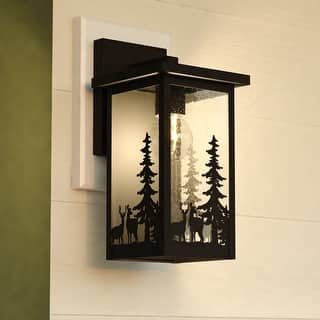 VAXCEL Acadia Matte Black Rustic Wildlife Outdoor Wall Sconce Light Fixture, Steel, Clear Seeded Glass Shade