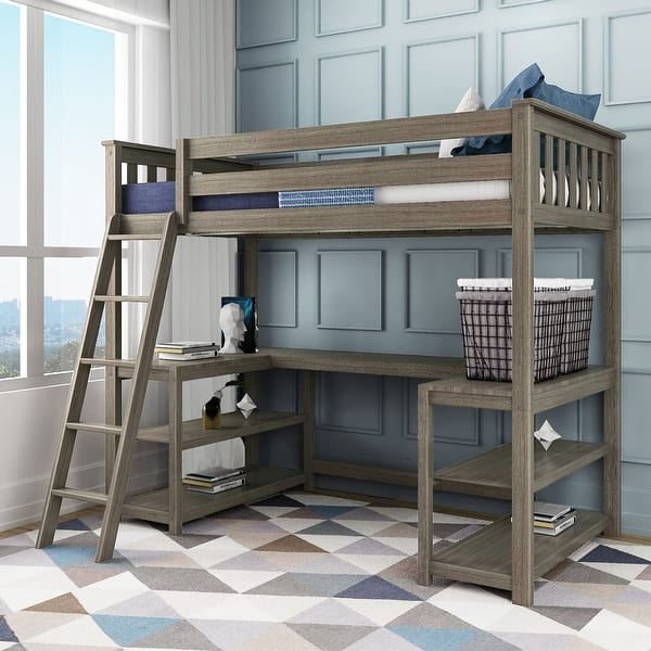 slide 2 of 33, Max and Lily Twin Size High Loft Bed with Wraparound Desk and Shelves Clay