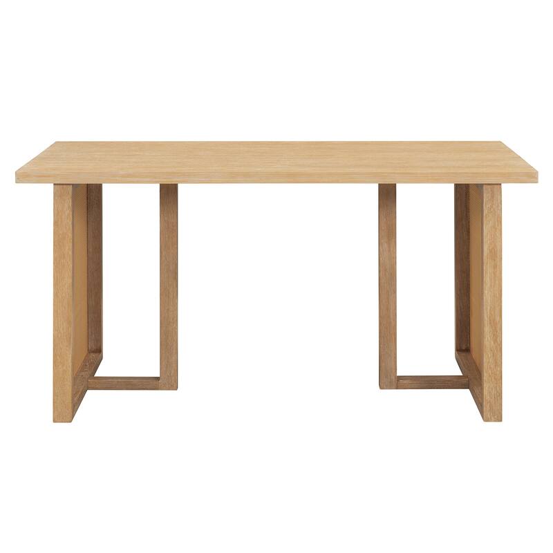 7-Piece Farmhouse Dining Table Set with Distressed Oak Veneer and Upholstered Rattan Chairs for Gatherings