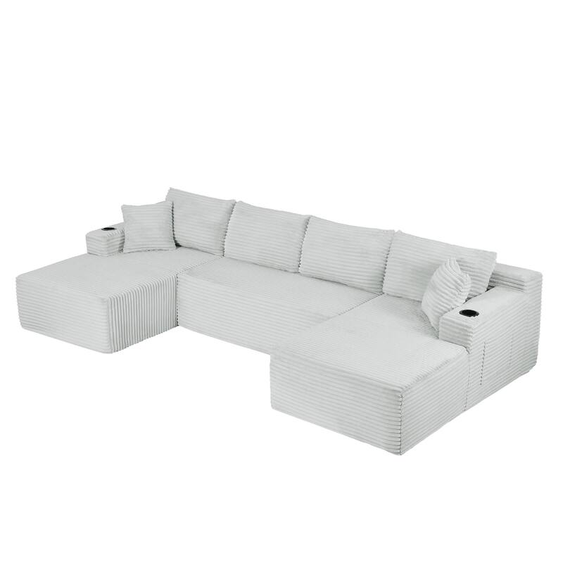 U-Shaped Modular Sectional Sofa with Dual Chaise Lounges, Corduroy Cloud Couch with Cup Holders, Compressible Deep Seat Sofa