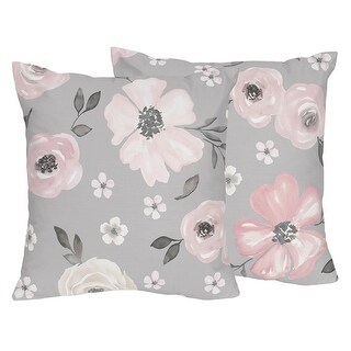 Sweet Jojo Designs Grey Watercolor Floral Girl 18in. Decorative Accent Throw Pillow Covers (Set of 2) Pink Shabby Chic Farmhouse