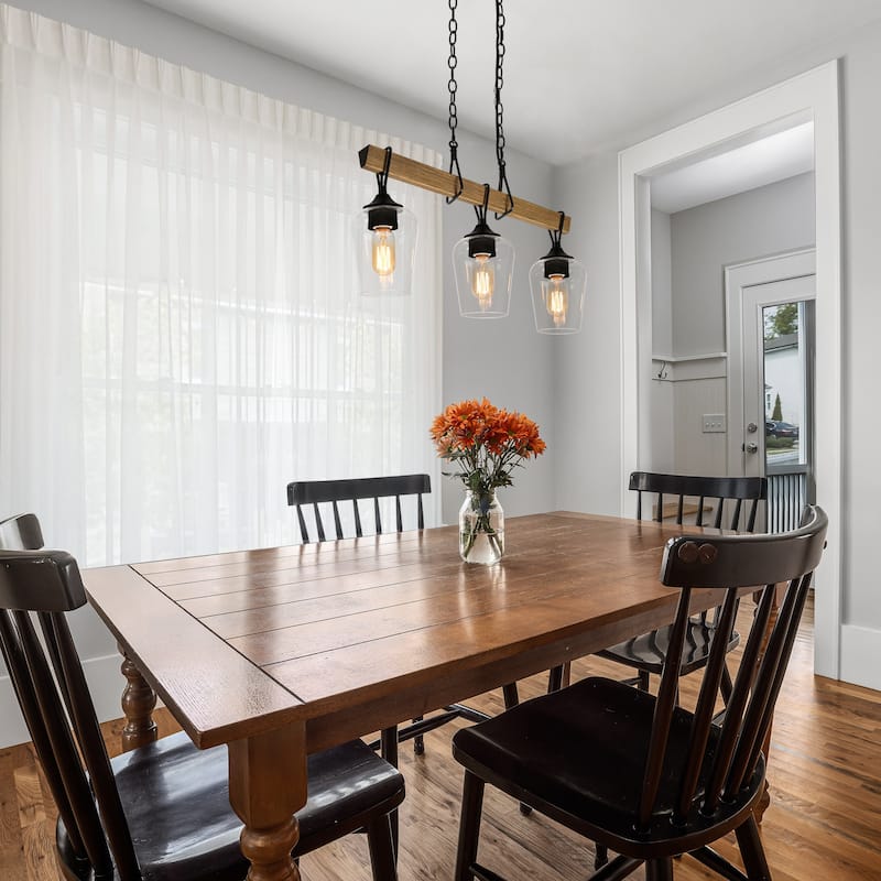 Zarbel Modern Farmhouse Glass Linear Chandelier Rustic 3-Light Black Metal Small Kitchen Island Lights