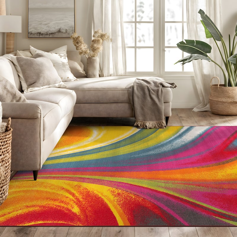World Rug Gallery Modern Contemporary Waves Multicolored Non-slip Non-skid Area Rug