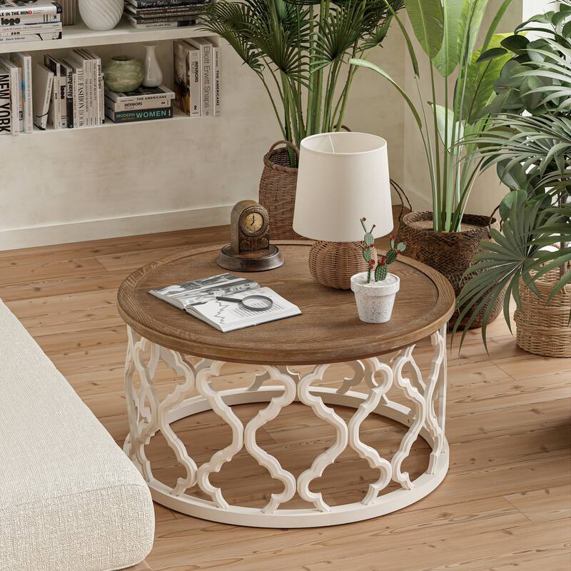 COZAYH Farmhouse End Table, Distressed Tray Top Coffee Table with Curved Motif Frame Base for Boho, Rustic, French Country