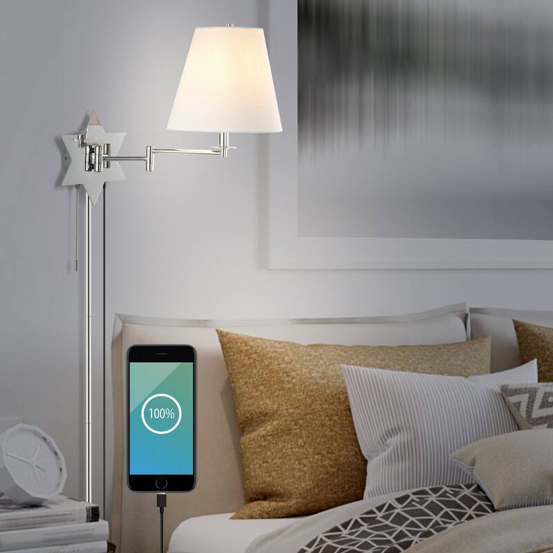 Antler 18.5" 1-Light Modern Swing Arm Plug-In or Hardwired LED Star Sconce with Pull-Chain and USB Charging Port by JONATHAN Y